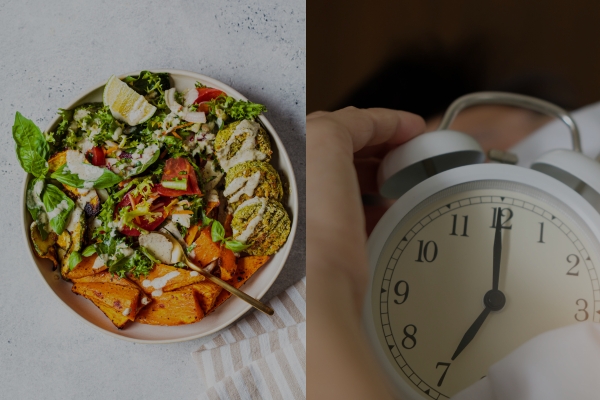 Healthy meal and a hand turning off an alarm clock, implying sufficient rest.