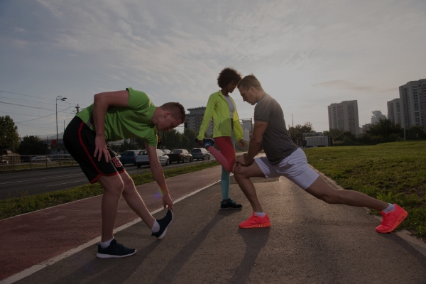 Pre-marathon stretching.