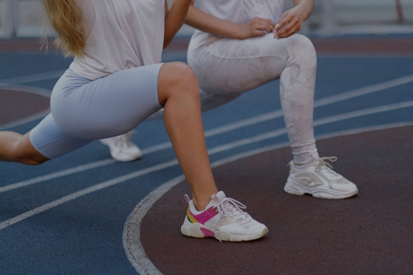 Two runners doing lunges as part of marathon training.